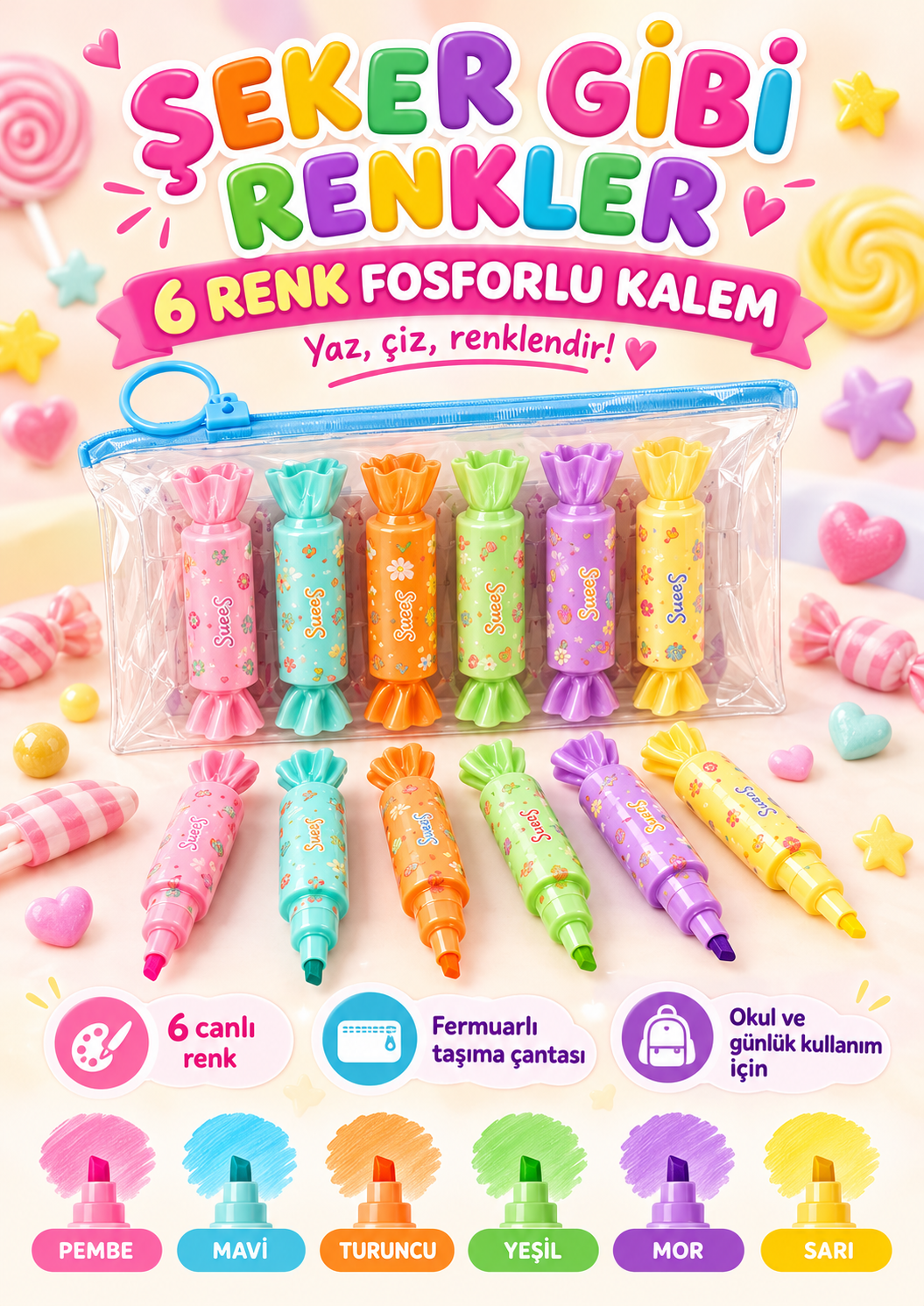 Şeker Şeklinde Fosforlu Kalem Seti 6 Adet - Sevimli Fosforlu Kalem Seti - Kawaii Kalem Seti